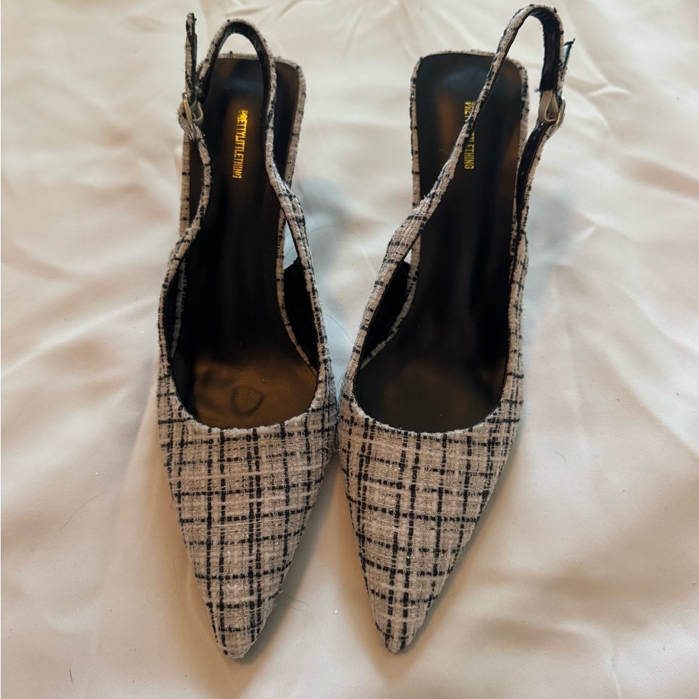 Plaid Pointed-Toe Slingback Heels - Black & White